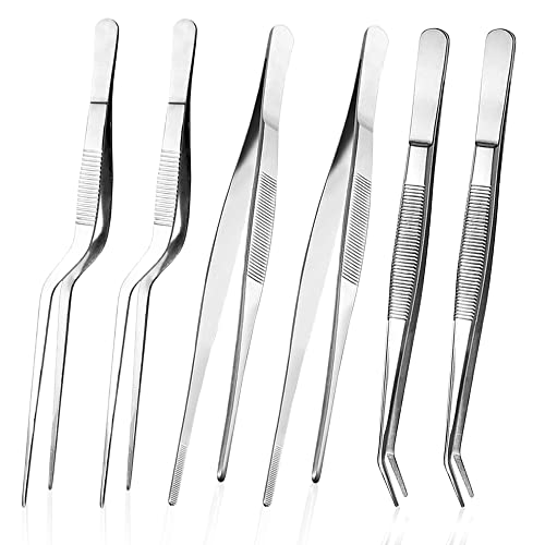 6 Pieces Kitchen Fine Tweezer Tongs, 3 Sizes Stainless Steel Cooking Tweezers, Kitchen Long Tweezer, for Decorating Dishes, Cooking, Baking