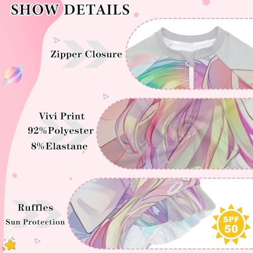 Image of CaTaKu Girls Rash Guard Swimsuit Long Sleeve One Piece Bathing Suit UPF 50+ Toddler Kids Zipper Ruffle Swimwear 3-12Y
