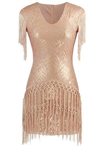 MISSCHEN 1920s Flapper Dress Hand Knitted Long Fringed Sequins Beaded Roaring 20s Mini Dress with Fringe Sleeve YLS020 XL Rose Gold