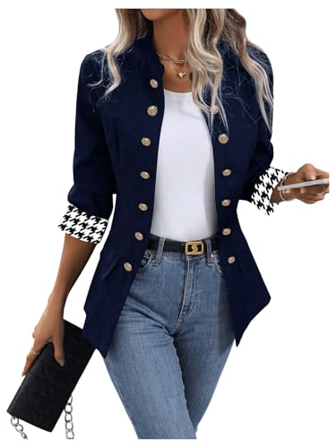 MakeMeChic Women's Houndstooth Open Front Mock Neck Double Breasted Long Sleeve Blazer Business Jacket