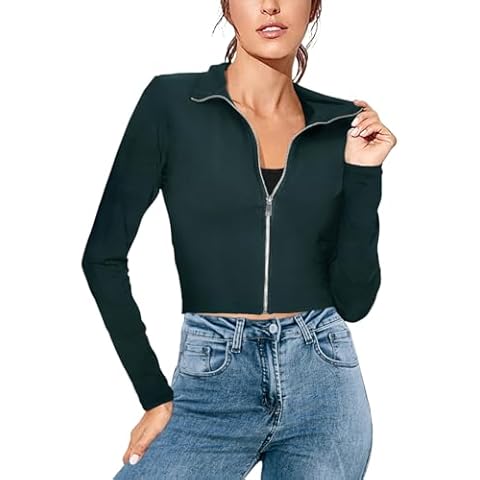 Ladybranch Women's Zip Up Long Sleeve Crop Top Stretchy Sports Tops Activewear(Small,Green) Cover