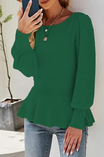 Image of Womens Fall Puff Sleeve Peplum Casual Slim Fit Knit Pullover Sweater Jumper Tops