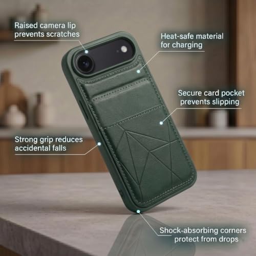 Image of amazon basics Premium Vegan Leather Back Cover with Card Holder and Integrated Mobile Stand for iPhone 17 Air - Slim Shockproof Wallet Case with Geometric Stitching [Green]
