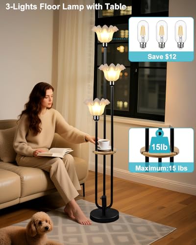 Image of Lightdot Flower Floor Lamp for Living Room Dimmable Vintage Floor Lamp with Shelf & Bulbs Included Mid Century Black Floral Standing Tall Lamp with 5Lbs Heavy Base for Bedroom /Sofa Beside /Corner Decor