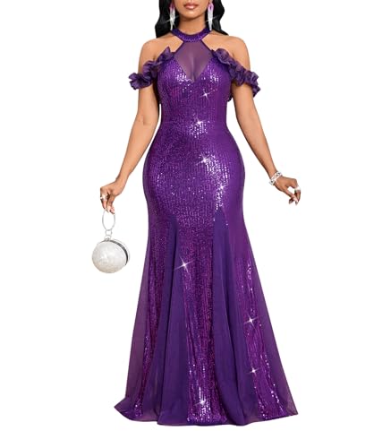 Image of Cololura Women Sexy Sequin Halter Neck Short Sleeve Mesh Perspective Party Bodycon Evening Cocktail Maxi Dress
