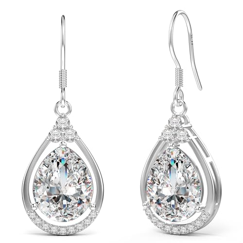 18K White Gold Plated Sterling Silver Teardrop Cubic Zirconia Drop Dangle Earrings for Women Pear Cut CZ Diamond Dangle Earrings Hypoallergenic Jewelry