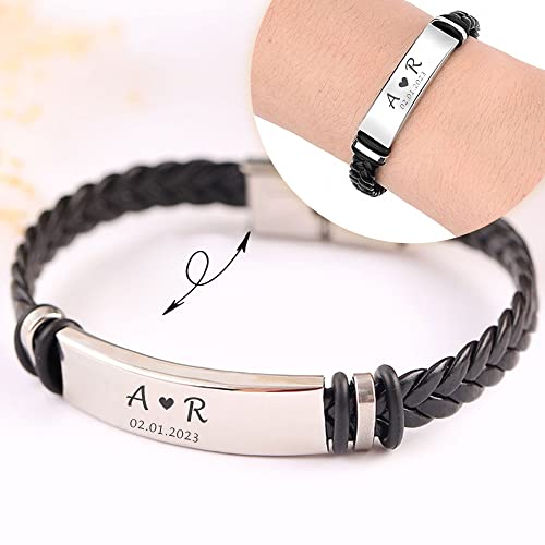 Personalized Mens Bracelet Leather Engraved Bracelet Gift For Boyfriend Him Husband Dad Best Man Customized Gifts Christmas Birthday Wedding Anniversary Father's Day(Design 2) #TOP2