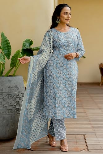 Image of MIRCHI FASHION Women's Straight Fit Pure Cotton Embellished Floral Printed Kurta Set with Dupatta and Trouser