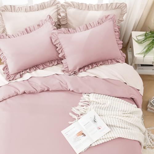 Image of Litanika Grayish Pink Queen Comforter Set, 3 Pieces Ruffle Farmhouse Aesthetic Bedding Comforter Set, All Season Soft Lightweight Fluffy Microfiber Bed Set(90x90In Comforter, 2 Pillowcases)