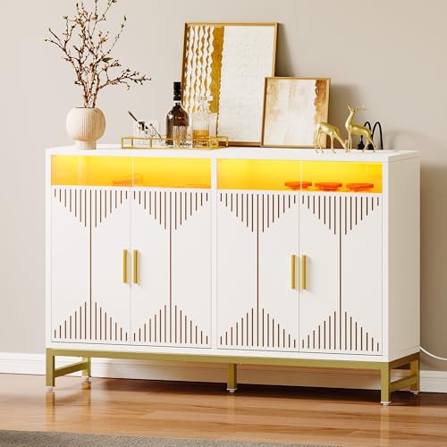 DWVO 47" Kitchen Storage Cabinet with LED Light & Power Outlet, Modern Sideboard Buffet Cabinet with Storage for Hallway, Kitchen or Living Room, White/Gold