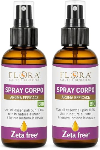 FLORA Spray Corpo, pack da 2 Pz da 100 ml, Zeta free BIO-COSMOS Per un’estate serena liberi dalle zanzare Azione protettiva e rinfrescante