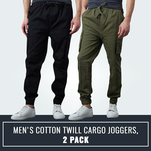 Men's Cotton Twill Cargo Joggers, Multi Pocket, Drawstring Joggers Stretch Pant for Casual, Lounging and Outdoor, 2 Pack2