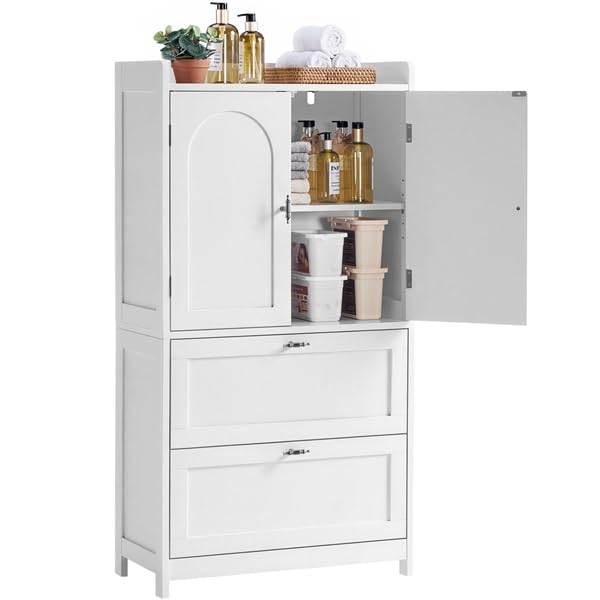 Yaheetech Armario de Suelo para Baño Clásico, Mueble de Almacenaje de Madera para Salón Cocina Entrada, con 2 Puertas y 2 cajones, Borde Elevado, Estante Ajustable, 60 x 30 x 115 cm, Blanco