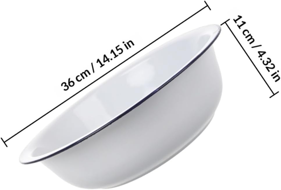Vintage Enamel Mixing Bowl 36cm Retro White Thickened Enamel Basin for Kitchen Washing Fruit and Dough Mixing Large Capacity for Cooking and Camping