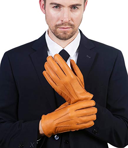 YISEVEN Guantes Hombre Invierno de Cuero de Gamuza de Real Piel de Ciervo de Lujo retro vintage Dedo Completo de Punto Cálidos Forroda de terciopelo Térmico Muñeca de Conducción Coche moto, Camel XL