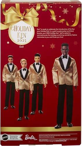 Barbie Signature 2025 Holiday Dark Brown Hair Ken Collectible Fashion Doll Wearing Full Suit with Golden Jacket in Displayable Packaging & Doll Stand - image 6