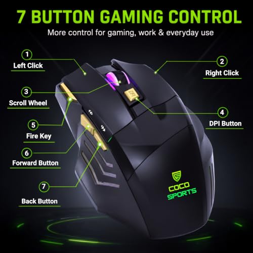 Image of coconut Gold+ Wireless Gaming Mouse Rechargeable, Bluetooth + 2.4GHz Dual Mode Multi Device Mouse, 3200 DPI, RGB LED Gaming Mouse with 7 Buttons & Fire Button, Ergonomic Mouse for Laptop PC Computer