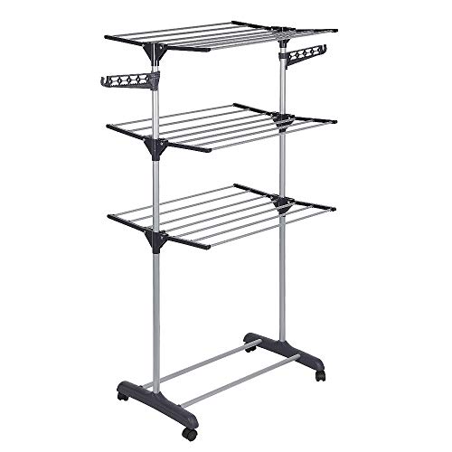 Drumm Séchoir à Linge Pliable sur Pied avec Roues,Etendoir en Acier Inoxydable,Ailes Pliables sur 3 Niveaux de Séchage XXL pour Usage Intérieur Extérieur