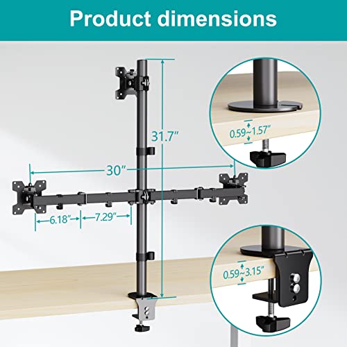 Image of MOUNT PRO Triple Monitor Mount, Monitor Desk Mount for 3 Screens up to 32 inch, 17.6 lbs Each, Fully Adjustable Stacked Computer Stand, Table VESA Mounting, C clamp /Grommet Base