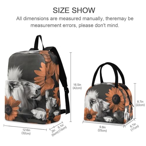 Backpack Lunch Bag Set White Lion Flower Print, Big Storage Travel Backpacks with Insulated Lunch Box for Office Hiking Picnic2