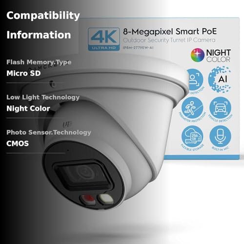 Amcrest UltraHD 4K (8MP) IP PoE AI Camera, 49ft Nightcolor, Security Outdoor Turret Camera, Built-in Microphone, Human Detection, Active Deterrent, 129° FOV, 4K@15fps IP8M-2779EW-AI (White)