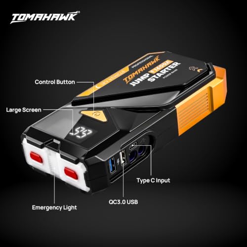 Image of TOMAHAWK JUM-5635 8000mAh Fast-Charging Jump Starter PowerBank | 700A (1400 A Peak) | LED Flashlight with SOS & Strobe | Type-C Quick Recharge | 12 Month Replacement Guarantee