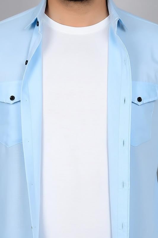 Image of DEELMO Men Solid Slim Fit Casual Overshirt Style Shirt | Full Sleeve Button-Down Layering Shirt Smart Casual Look