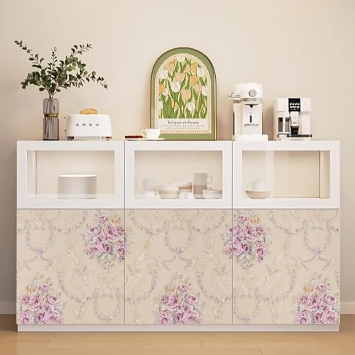 Image of Cream Pink Rose Flower Wallpaper - Self Adhesive Peel and Stick Floral Wall Stickers, Waterproof PVC Vinyl Decorative Paper for Home, Bedroom, Living Room & Furniture (45cm x 300cm)