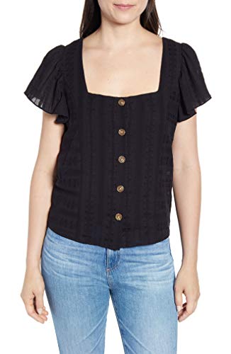 Vince Camuto Cotton Textured Flutter-Sleeve Blouse Black M