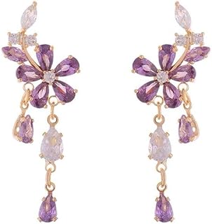 Elegant Purple Floral Drop Earrings, 18K Gold Plated with Zirconia Stones,Gift for Friend