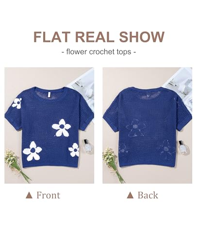 Image of SELINK Flower Crochet Tops for Women Short Sleeve Hollow Out Sweaters Swimsuit Cover Ups Lightweight Knit Pullover