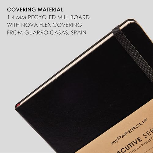 Image of myPAPERCLIP Executive Series A5 Ruled Notebook | 192 Pages, 80 GSM, Hard Cover, A5 (5 .83 x 8.27 in) | Flat Lay | Bookmark, Elastic Closure & Back Pocket | Black