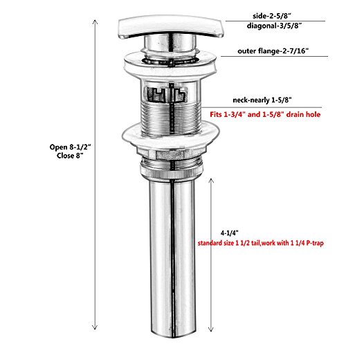 Missmin Bathroom Sink Pop Up Drain With Overflow Chrome For Vanity Vessel,Square,Push Button Popup Drains Stopper,Match Rectanglar Faucet #TOP2