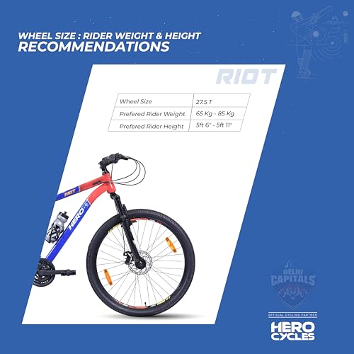 Image of Hero RIOT DC 27.5T 21 Speed Mountain Bicycle for Mens | Front Suspension | Disc Brake | Frame 17.5 Inches | Blue-Red | IPL Edition | Ideal for 15+ Yrs | 95% Assembled Cycle(Ready to Ride in 5 Min)