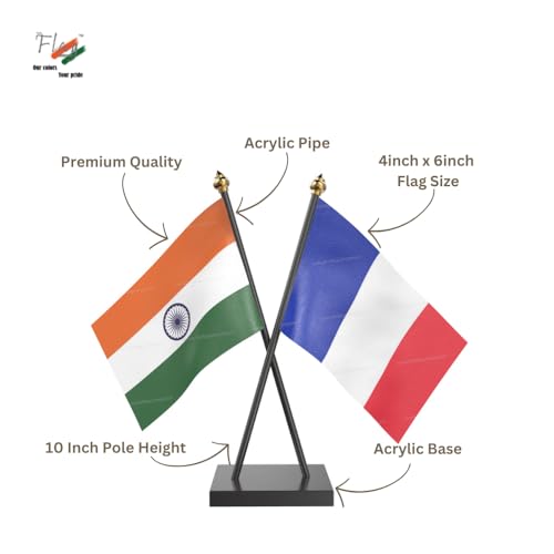 Image of The Flag Company Country Cross Table Desk Flags on Acrylic Base with Poles (Length: 10 inches) | Use for Home & Office,Conference (France)