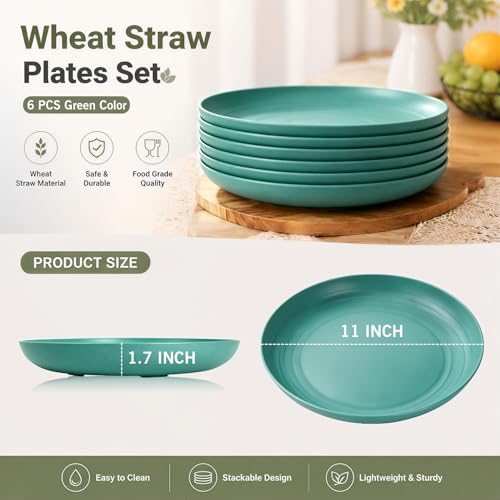 Image of 11In Large Wheat Straw Deep Plates,Unbreakable Dinner Plate, Green | Lightweight Microwave and Dishwasher Safe Plastic Plates for RV, Camping, Party