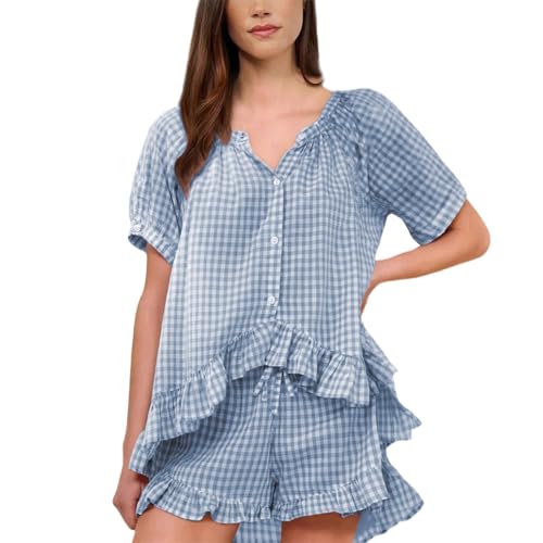Ensemble short femme décontracté à carreaux ensemble d'été léger manches volants