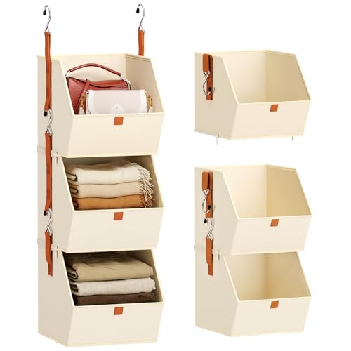 Image of Homsorout Collapsible Hanging Closet Organizer - 3 Tier Closet Shelves Storage System with Hooks, Fabric Hanging Storage Bins for Clothes, Foldable Storage Basket for Laundry, Bedroom, Rv, Beige