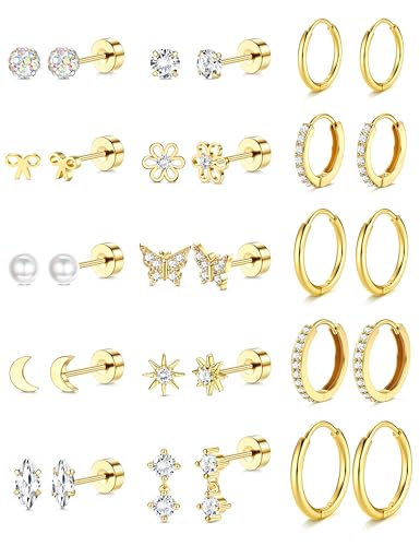 ADRAMATA 15 Pares Pendientes Dorados Mujer Piercing Oreja Acero Quirurgico Piercing Tragus Helix Cartílago Hipoalergenicos Pendientes con Perla y Mariposa (Plata/Oro)