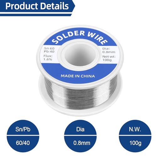 Image of 60-40 Tin Lead Rosin Core Solder Wire for Electrical Soldering, Electronics Repair, DIY Projects, With Soldering Tip Cleaner (0.8mm-100g)