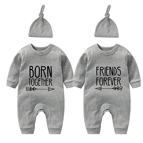 Image of YSCULBUTOL Baby Twins Bodysuit with hat Born Together Friend Forever Baby boy Clothes Toddler Girl Clothes