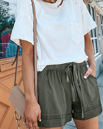 Btfbm Women Casual Shorts Plain Solid Color Elastic Waist Drawstring Pockets Summer Beach Lightweight Short Lounge Pants (Solid Green, Large) #TOP1