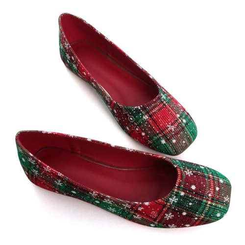 Women's Ballet Flats Plaid Christmas Red Dress Shoes for Women Party Dressy Casual Flats Comfortable Slip-on Sqaure Toe Walking Loafers3