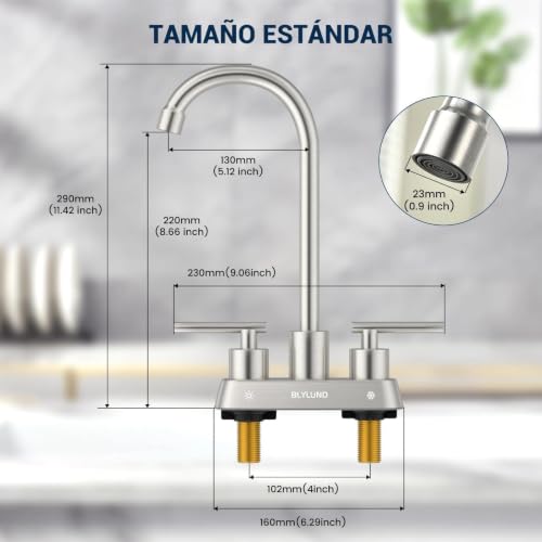Image of Commercial Bar Sink Faucet 4 Inch Center Deck Mount, Stainless Steel High Arch 2 Hole Utility Sink Faucets with Dual Lever Handles for Laundry Campers (Brushed Nickel)