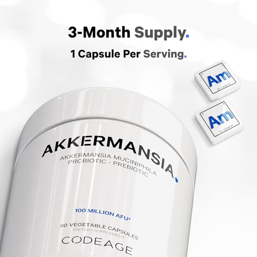 Codeage Akkermansia Muciniphila Probiotic Supplement - 3-Month Supply of Akkermansia Probiotic & Chicory Inulin - Daily Synbiotic Probiotic Chicory Root - 100 Million AFUs - Gluten-Free - 90 Capsules