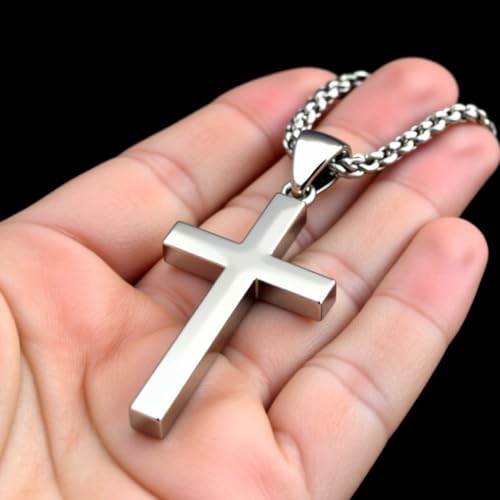 US Jewels Men's XL 925 Sterling Silver 2in Christian Cross Pendant Necklace, 22in to 26in3