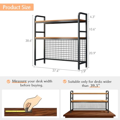 Image of IOTXY 2-Tier Desktop Hutch Bookshelf - Metal Desk Shelf Bookcase with Grid Panel, Countertop Storage Organizer Rack for Dorm or Office, Black, 37.4 inch W