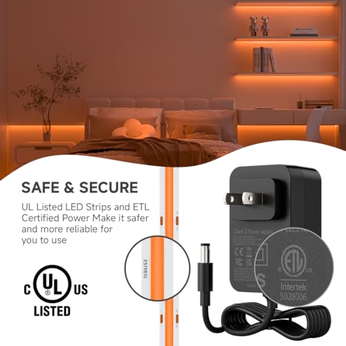 Image of BTF-LIGHTING Orange Color COB LED Strip Light, UL Listed High Density Flexible Tape Light with RF Remote & ETL Power Adapter, DC12V 16.4FT Ultra Bright Light for Cabinet Kitchen Home Indoor Lighting