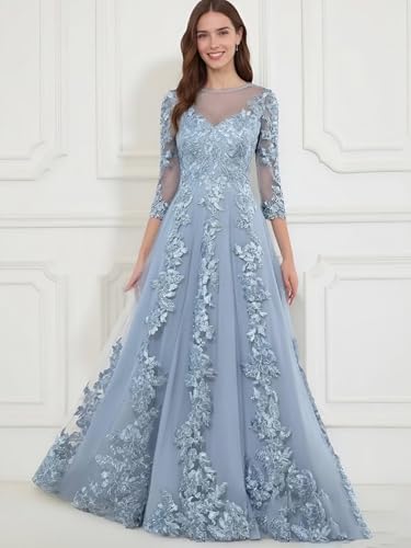 3/4 Sleeve Lace Mother of The Bride Dresses for Wedding Sequins Applique Long Wedding Guest Dresses for Women3