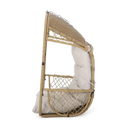 Noble House Malia Wicker Hanging Chair with Stand in Light Brown/Brown/Beige